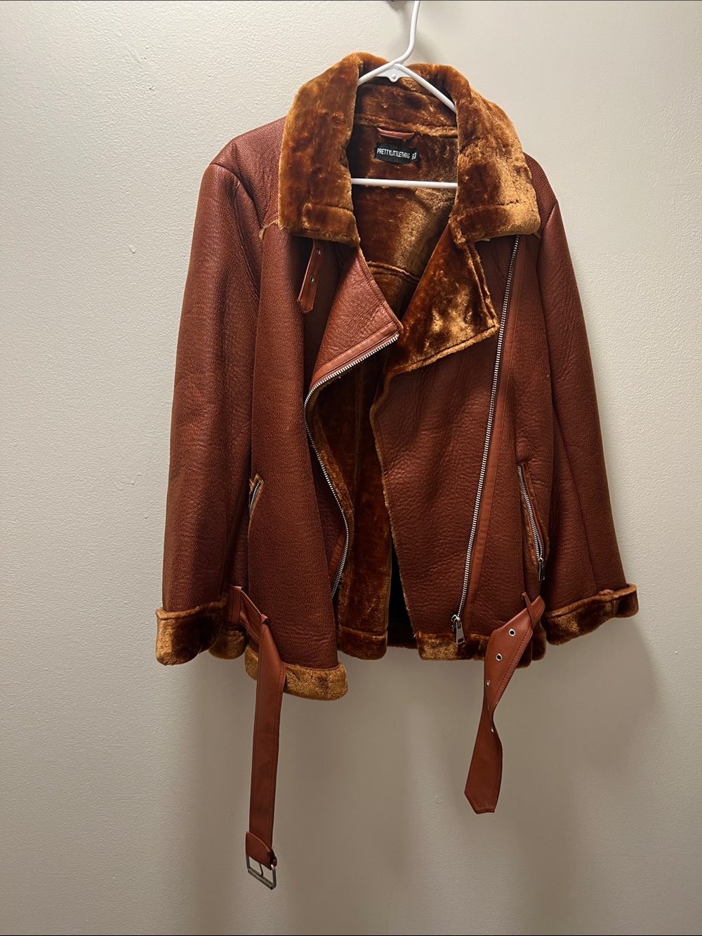 PrettyLittleThing Rust Brown Faux Shearling Moto Jacket